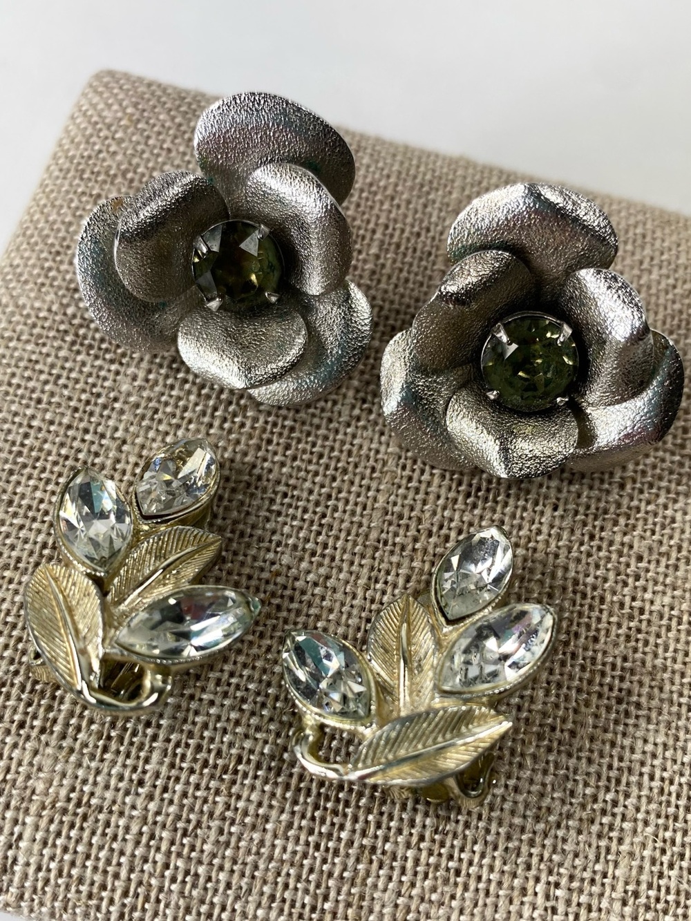 2 pc Vintage Sarah Coventry Flower + Sprig Leaf Rhinestone Clip-on Earring